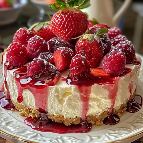 Delicious strawberry swirl cheesecake topped with fresh strawberries and a creamy swirl.