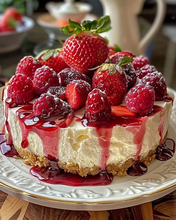 Delicious strawberry swirl cheesecake topped with fresh strawberries and a creamy swirl.