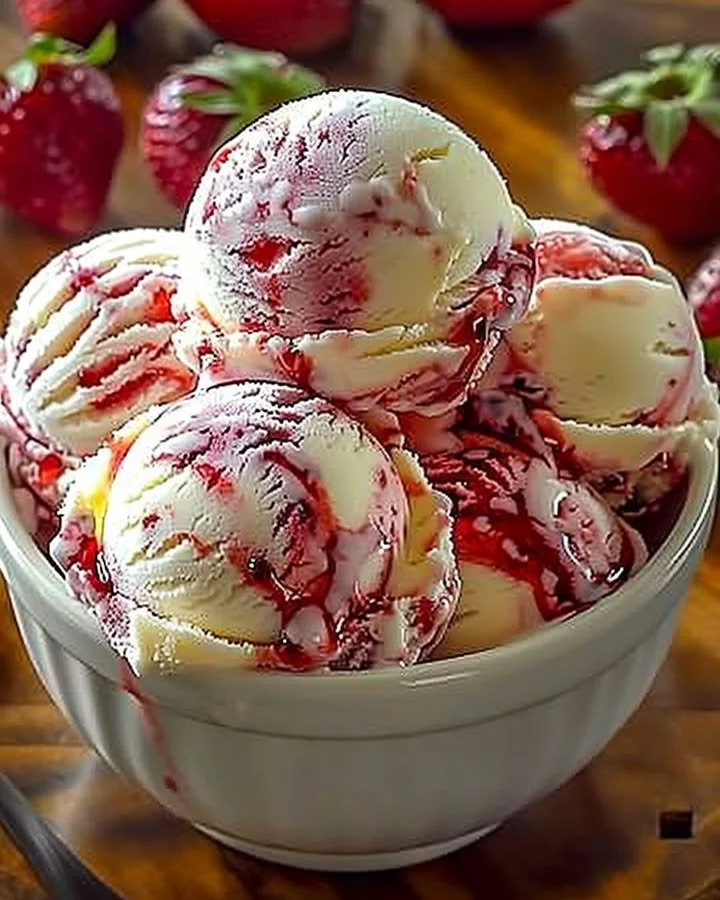 Delicious strawberry swirl ice cream with rich strawberry swirls