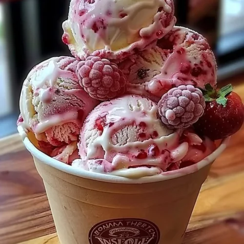 Delicious strawberry vanilla bean ice cream in a bowl, topped with fresh strawberries.
