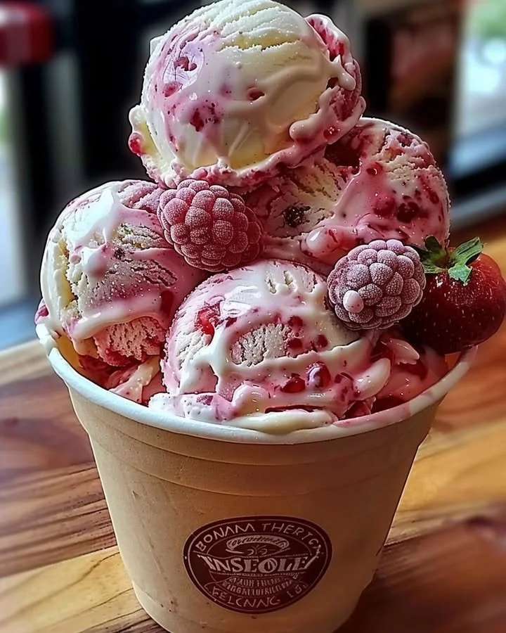 Delicious strawberry vanilla bean ice cream in a bowl, topped with fresh strawberries.
