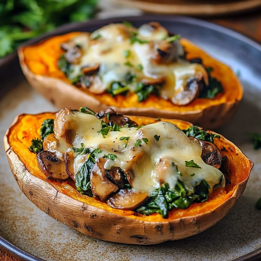 Stuffed sweet potatoes filled with mushroom and spinach, ready to serve.