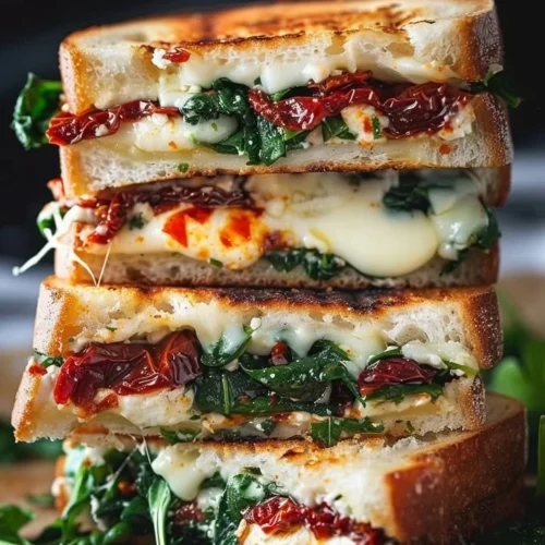 Sun dried tomato, spinach, and ricotta grilled cheese sandwich on a plate