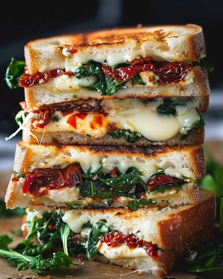 Sun dried tomato, spinach, and ricotta grilled cheese sandwich on a plate