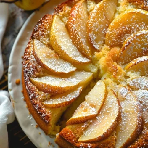 Delicious super moist pear cake topped with fresh pear slices and cinnamon.