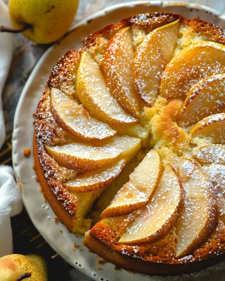 Delicious super moist pear cake topped with fresh pear slices and cinnamon.