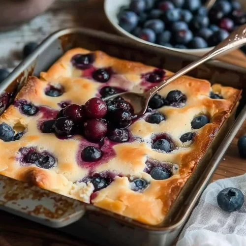 Sweet and Tangy Cottage Cheese Blueberry Bake in a baking dish
