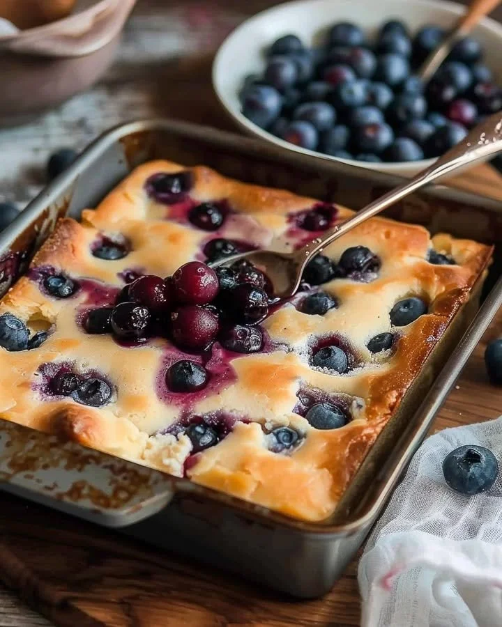 Sweet and Tangy Cottage Cheese Blueberry Bake in a baking dish