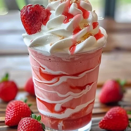 Delicious strawberries & cream frappuccino topped with whipped cream and fresh strawberries