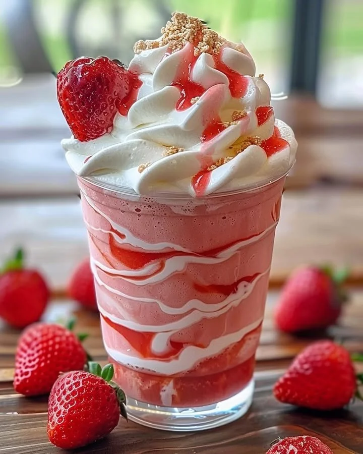 Delicious strawberries & cream frappuccino topped with whipped cream and fresh strawberries