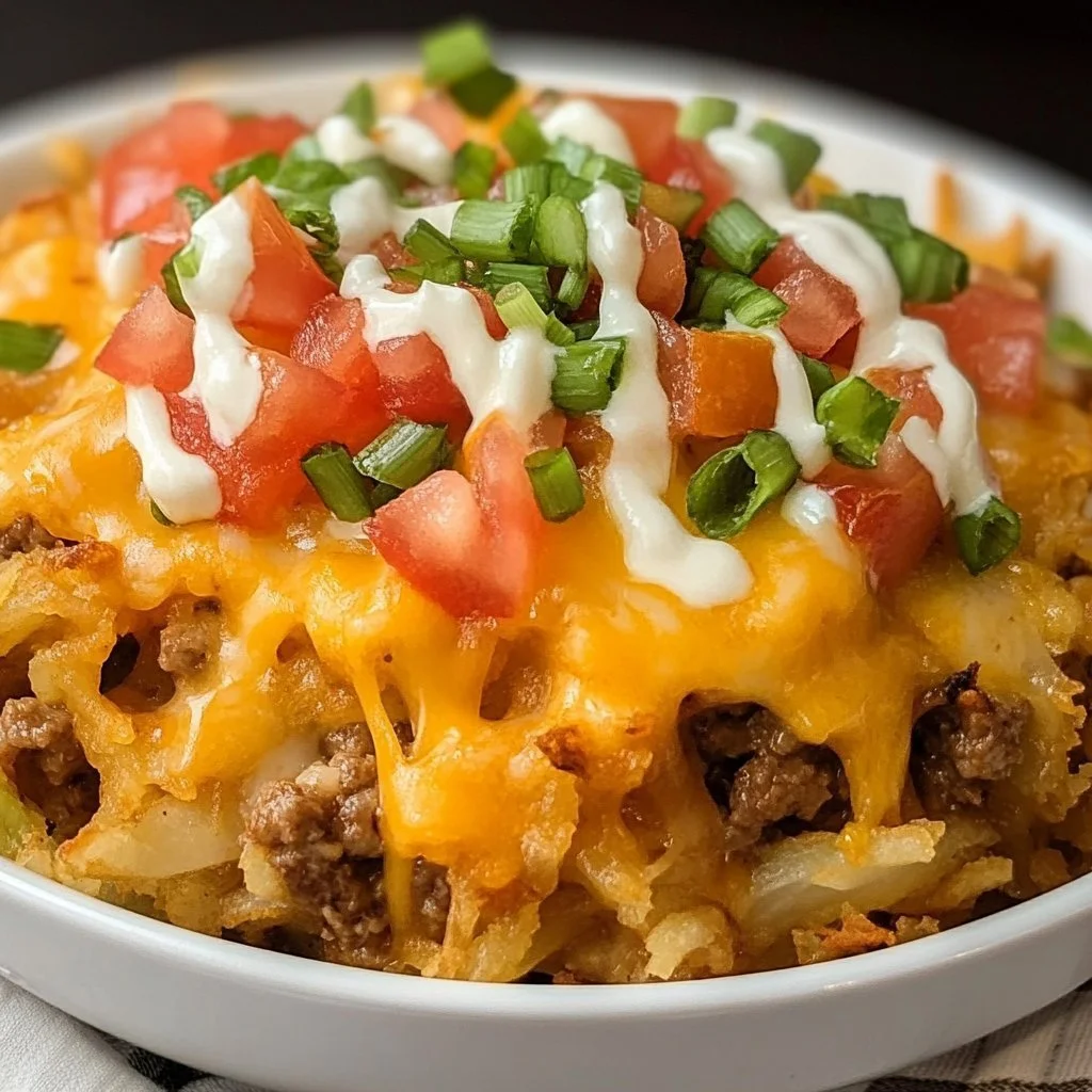 Delicious Taco Beef Casserole with hash browns topped with cheese