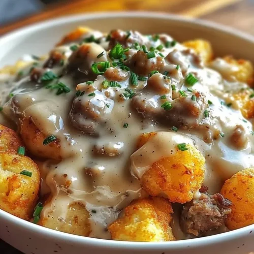 Tater Tot Breakfast Bowl topped with Sausage Gravy and garnished