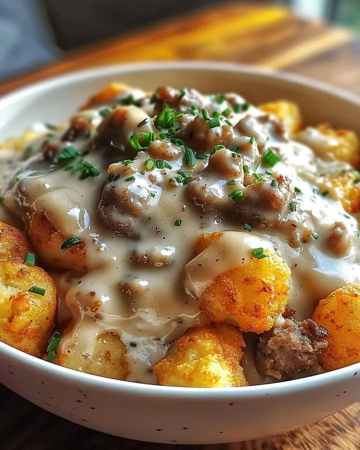 Tater Tot Breakfast Bowl topped with Sausage Gravy and garnished