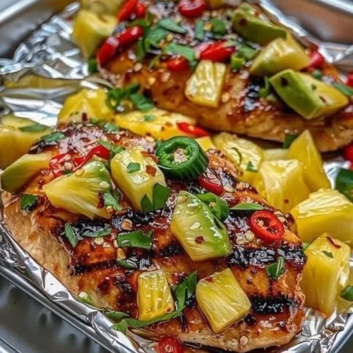 Teriyaki chicken and pineapple foil packets ready for grilling