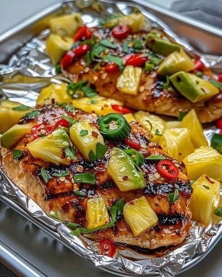 Teriyaki chicken and pineapple foil packets ready for grilling