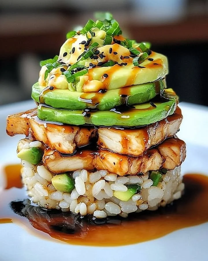 Teriyaki chicken avocado rice stack with colorful ingredients