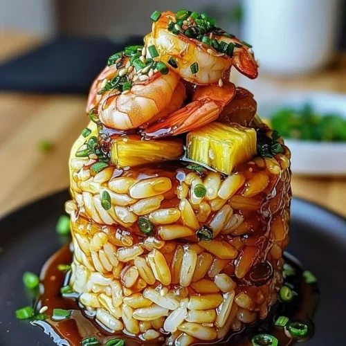 Teriyaki shrimp served over a colorful pineapple rice stack