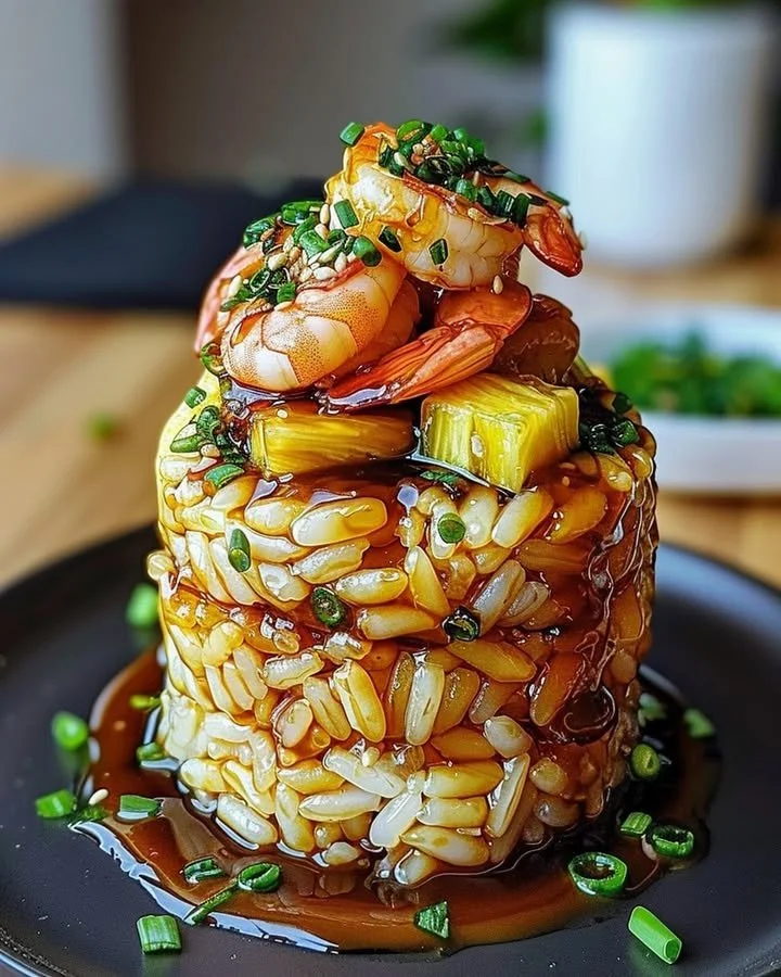 Teriyaki shrimp served over a colorful pineapple rice stack