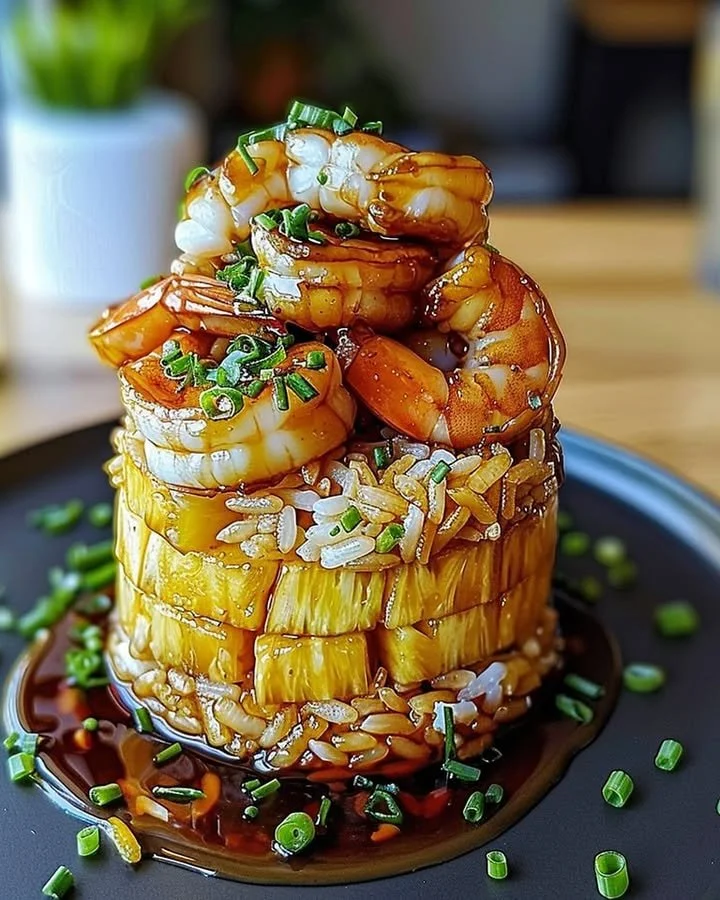 Delicious teriyaki shrimp served on a bed of pineapple rice stack
