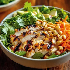 Delicious Thai Peanut Chicken Salad served in a bowl with fresh vegetables