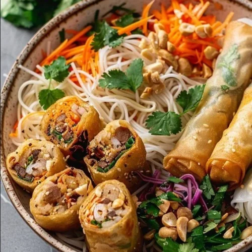 Delicious Thai Peanut Spring Roll Noodle Bowl topped with fresh vegetables and peanut sauce