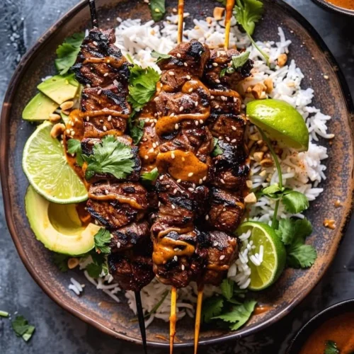 Grilled Thai Peanut Steak Skewers served on a plate with dipping sauce