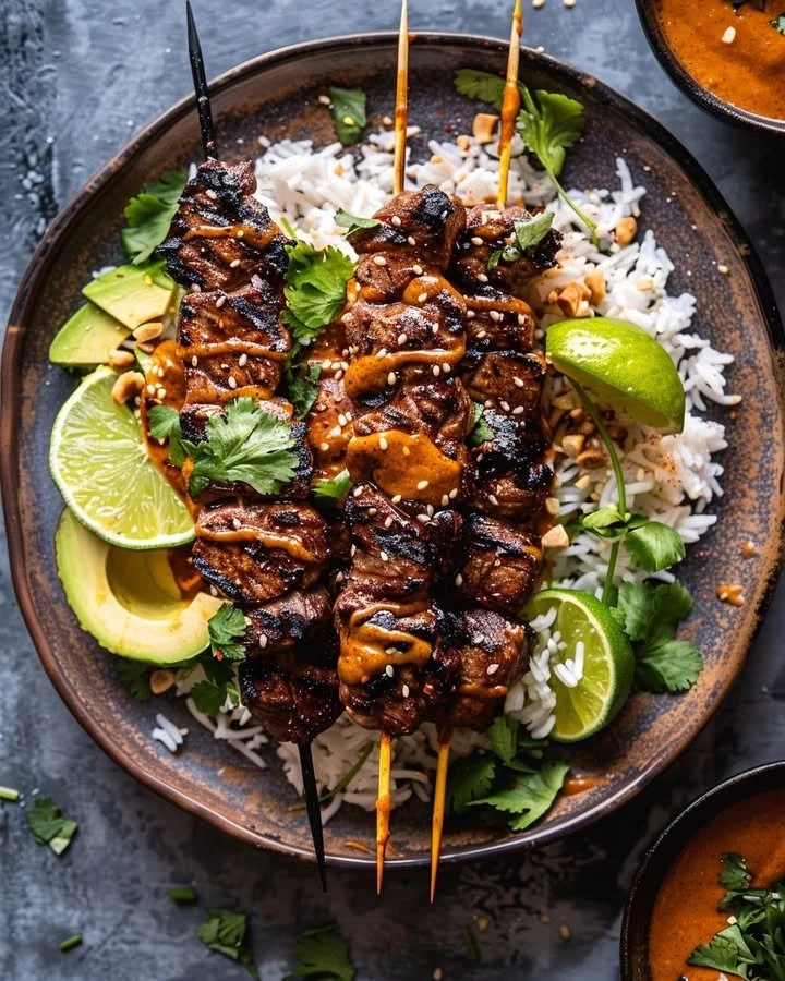 Grilled Thai Peanut Steak Skewers served on a plate with dipping sauce