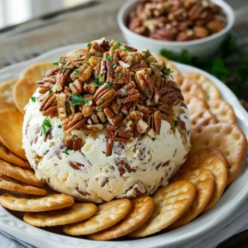 Delicious cheese ball served with crackers and garnished with herbs