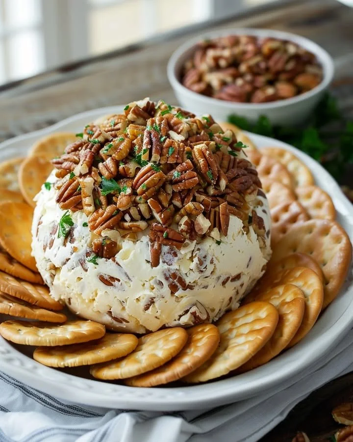 Delicious cheese ball served with crackers and garnished with herbs