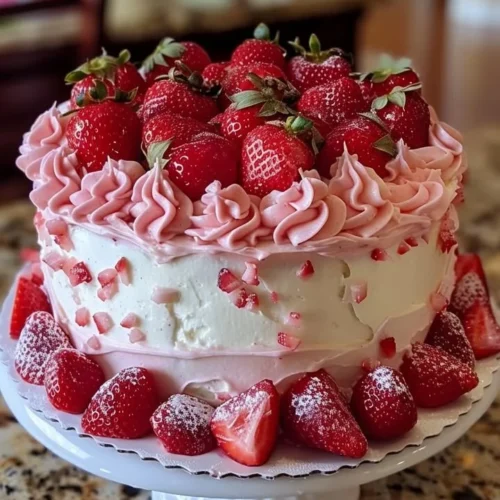 Delicious homemade strawberry cake topped with fresh strawberries and cream