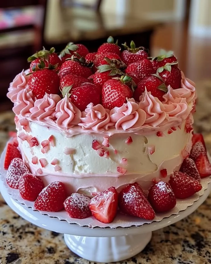 Delicious homemade strawberry cake topped with fresh strawberries and cream