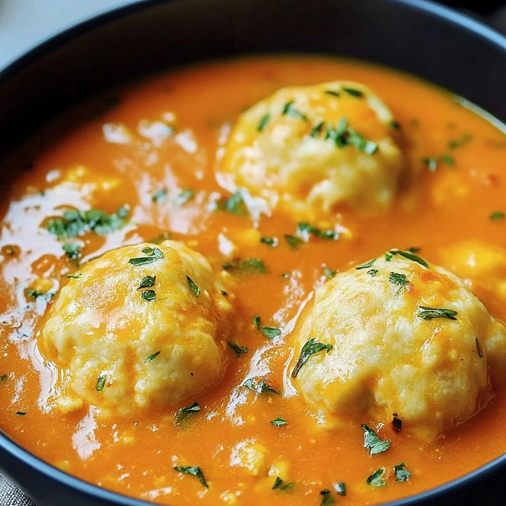 Bowl of Tomato Soup topped with Cheddar Dumplings, garnished with herbs.