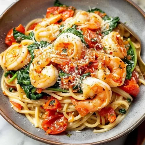 A delightful plate of Tomato Spinach Shrimp Pasta with vibrant colors and fresh ingredients.