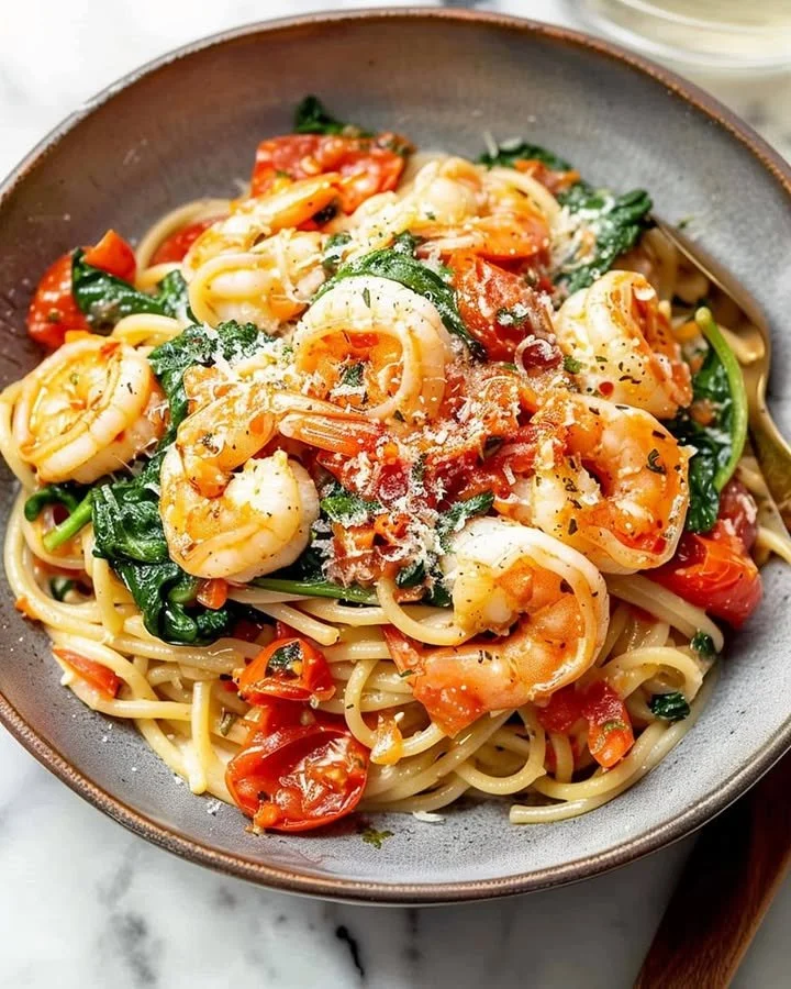 A delightful plate of Tomato Spinach Shrimp Pasta with vibrant colors and fresh ingredients.
