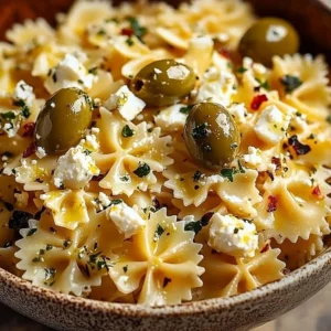 Tossed pasta with olives and feta served in a bowl, ready to eat.
