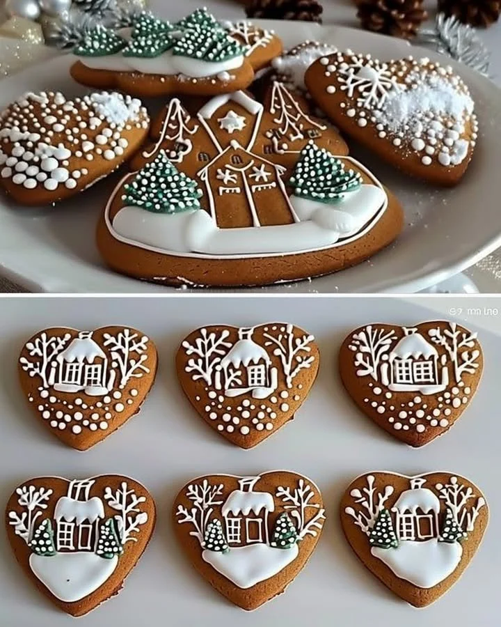 Decorated traditional gingerbread cookies with a winter village theme