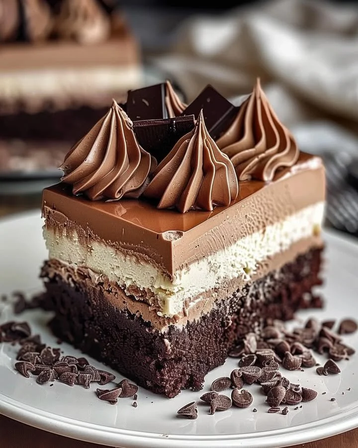 Slice of triple chocolate mousse torte topped with creamy chocolate ganache.