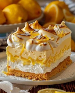 Triple Lemon Meringue Cheesecake with citrus layers and fluffy meringue topping