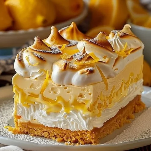 Triple Lemon Meringue Cheesecake with citrus layers and fluffy meringue topping