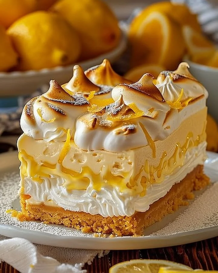 Triple Lemon Meringue Cheesecake with citrus layers and fluffy meringue topping