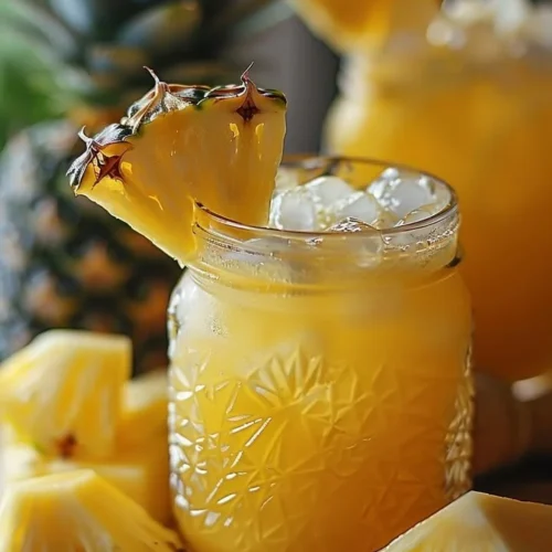 Glass of Tropical Bliss Pineapple Lemonade with pineapple slices and lemon wedges