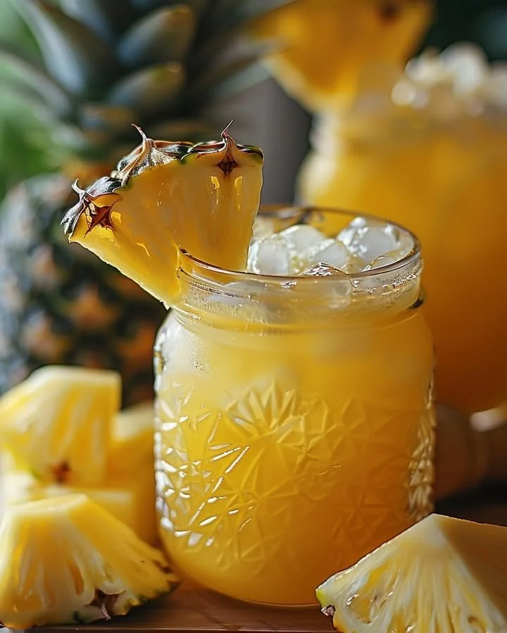 Glass of Tropical Bliss Pineapple Lemonade with pineapple slices and lemon wedges