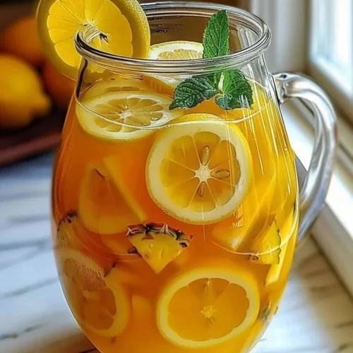 Refreshing Tropical Pineapple Lemonade Punch served in a glass with fruit garnish