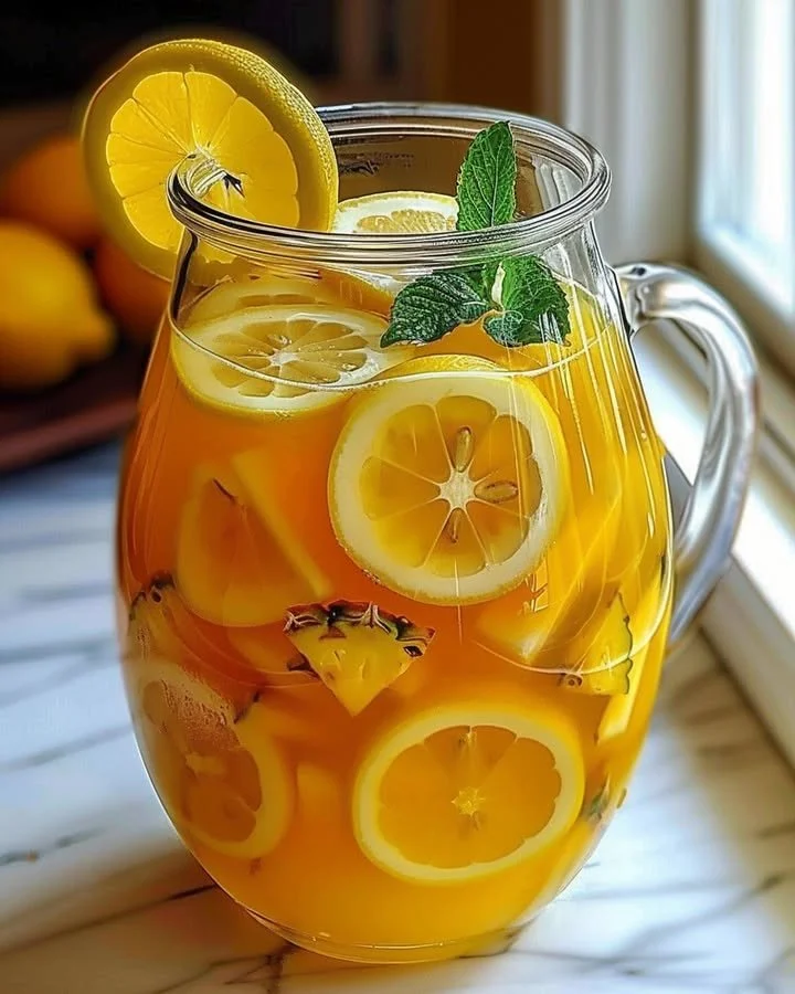 Refreshing Tropical Pineapple Lemonade Punch served in a glass with fruit garnish