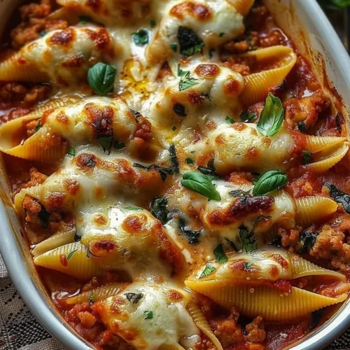 Baked Turkey and Spinach Stuffed Shells served in a dish