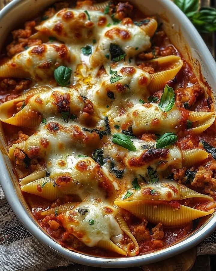 Baked Turkey and Spinach Stuffed Shells served in a dish