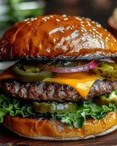 Delicious ultimate jalapeño cheeseburger topped with jalapeños and melted cheese