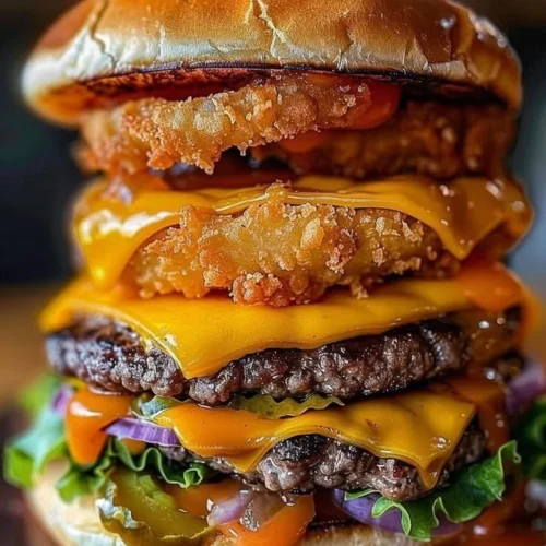 Ultimate Triple Cheeseburger with crispy onion rings and melted cheese