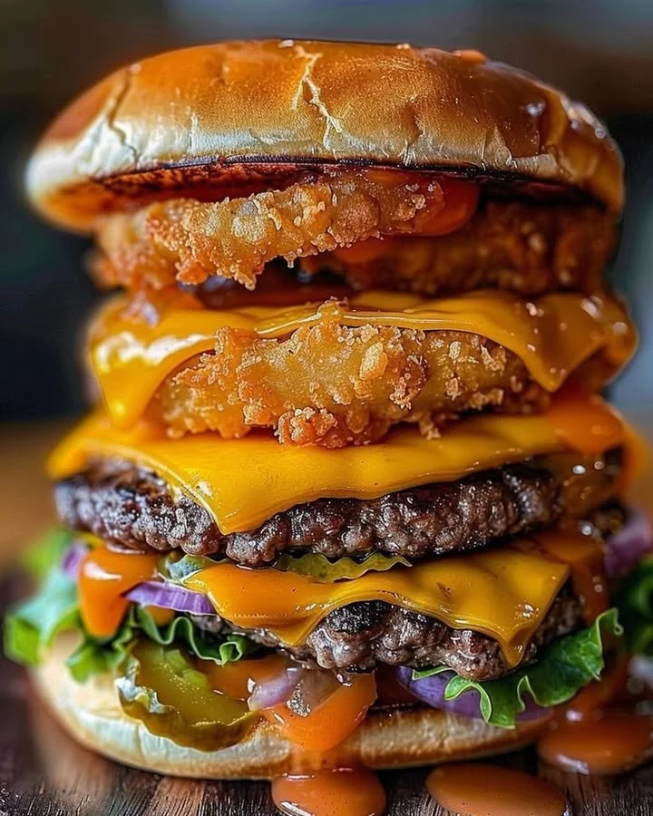 Ultimate Triple Cheeseburger with crispy onion rings and melted cheese