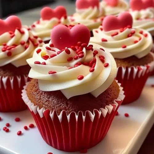 Delicious Valentine’s Day cupcakes decorated with hearts and sprinkles
